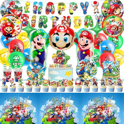 Super Geburtstagsdeko, 99Pcs Super Theme Geburtstag Party Deko, Partygeschirr Kindergeburtstag Deko Enthält Teller Becher Servietten Cake Topper Luftballons Banner, Party Geschirrset für 10 Personen von Dekewe