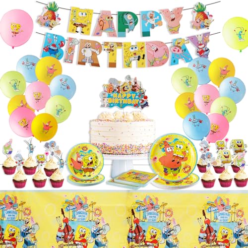 75 Pcs Sponge Gebutstag Deko Partygeschirr, Geburtstag Party Set, Bob Cartoon Geschirr mit Ballons, Tellers, Serviettes, Tortendeko, Kindergeburtstag Deko Geschirr für Junge Mädchen Party Dekorationen von Dekewe