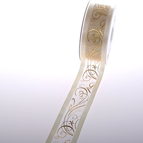 Organzaband mit Satinkante - Weihnachten - Ornamente - Christmas Ornaments - Schleifenband - Geschenkband - 38 mm - 20 m - col.20 - Creme - Gold - 93038-38-20-20 von Deko AS GmbH