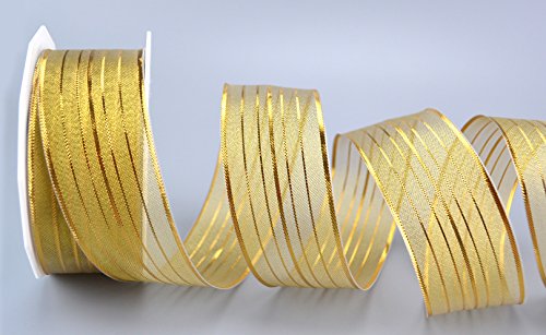 Dekoband „ Munich“ Gold 20 m x 40 mm glänzend transparent Schleifenband gestreift Geschenkband formstabil mit Draht Weihnachten metallisch golden Christmas Ribbon metallic von Deko Angels