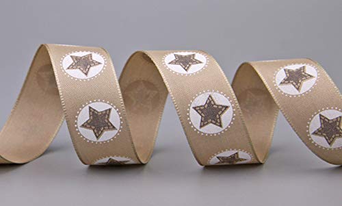 Dekoband „Vintage Stars“ Hellbraun/BEIGE 3 m x 25 mm (1,00€/m) Geschenkband formstabil Textilband mit Druck Weihnachten Sterne Sternenband Vintage Look von Deko Angels