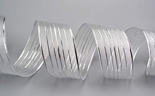 Dekoband Munich Silber 3 m x 40 mm (1,16€/m) Schleifenband gestreift Geschenkband mit Draht Weihnachten Christmas Ribbon metallic transparent von Deko Angels