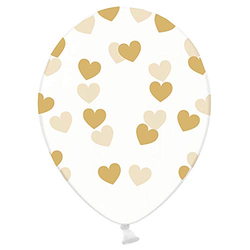 6 Stück Strong Luftballons in Transparent mit Gold Herzen 30cm Partyzubehör von DekoHaus