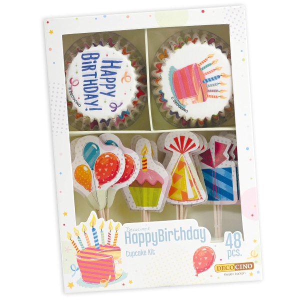 Muffindeko-Set "Happy Birthday", Förmchen und Picker, 48-teilig von Dekoback