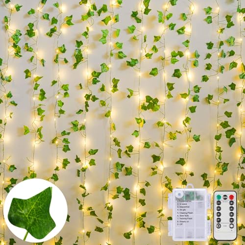 Dekofun Efeu Lichterkette 10M 100 LED Efeu Künstlich Batteriebetrieben mit Fernbedienung 8 Modi Efeu Girlande mit Lichterkette für Zimmer Deko Aesthetic Garten Hochzeit Weihnachtsdekoration von Dekofun