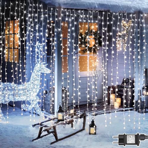 Dekofun Lichterkette 300 LED 3x3 m Lichterketten vorhang mit Stecker,Timer,8 Modi Wasserdicht Lichtervorhang Aussen für Christmas, Zimmer, Balkon, Weihnachten Party Innen und außen Deko - Kaltweiß von Dekofun