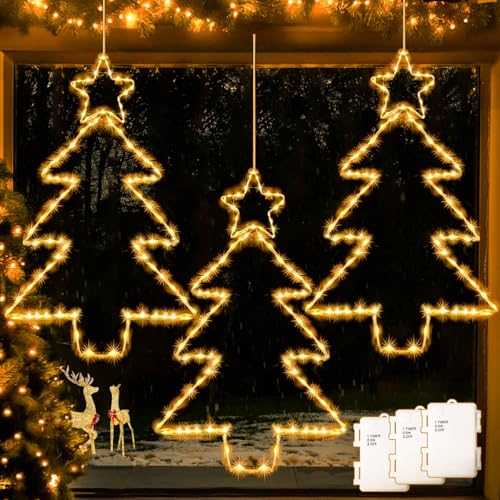 Dekofun Weihnachtsdeko Fenster 3 Stück 45 LED Weihnachtsbeleuchtung Batterie mit Timer, Fensterdeko Weihnachten Beleuchtet Wasserdicht Fensterlicht Weihnachtsbaum für Aussen Innen Deko - Warmweiß von Dekofun