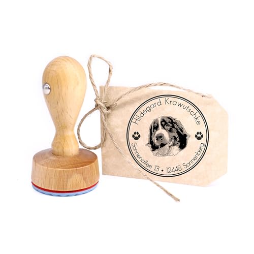 Dekolando Stempel personalisiert Berner Sennenhund Hund Hunde rund 40mm Adressstempel Holzstempel Namensstempel Adresse Familienstempel Buchstempel von Dekolando