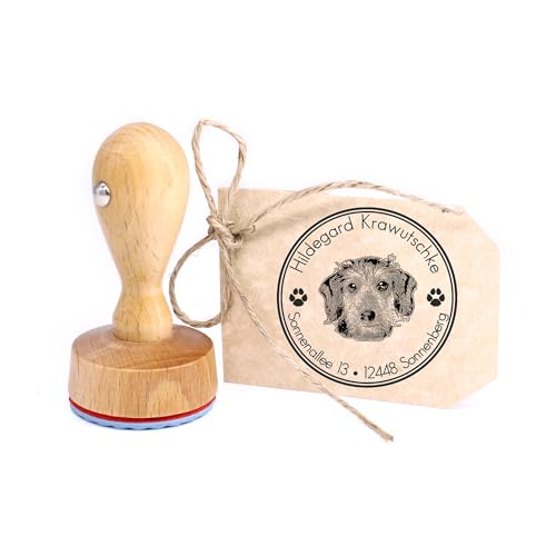 Dekolando Stempel personalisiert Dackel Langhaar Hund Hunde rund 40mm Adressstempel Holzstempel Namensstempel Adresse Familienstempel Buchstempel von Dekolando