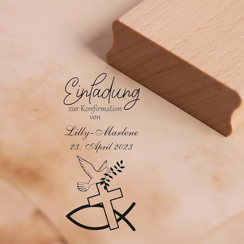 Dekolando Stempel personalisiert Einladung zur Konfirmation von - mit Name und Datum - Holzstempel Motivstempel Christenfisch Taube Kreuz 28 x 58mm von Dekolando