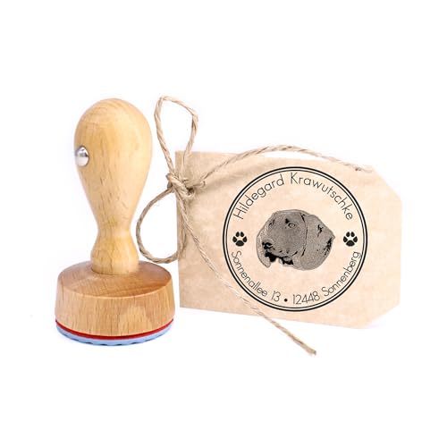 Dekolando Stempel personalisiert Hannoversche Schweisshund Hund Hunde rund 40mm Adressstempel Holzstempel Namensstempel Adresse Familienstempel Buchstempel von Dekolando