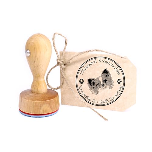 Dekolando Stempel personalisiert Kontinentaler Zwergspaniel Papillon Hund Hunde rund 40mm Adressstempel Holzstempel Namensstempel Adresse Familienstempel Buchstempel von Dekolando