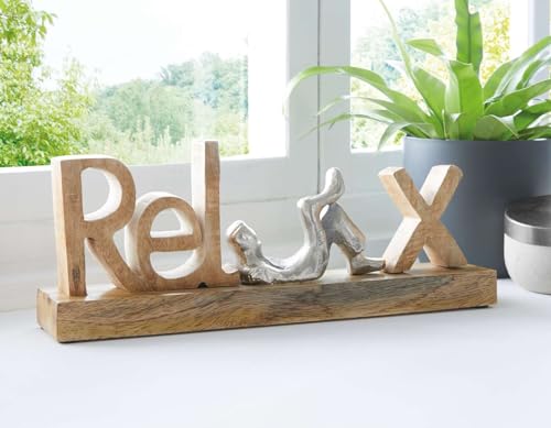 Dekoleidenschaft Schriftzug Relax aus Mangoholz & Aluminium, 32 cm breit, Aufsteller, Deko-Buchstaben, Wohnzimmer-Dekoration aus Holz, Holzbuchstaben, Holzschriftzug, Dekoschriftzug von Dekoleidenschaft