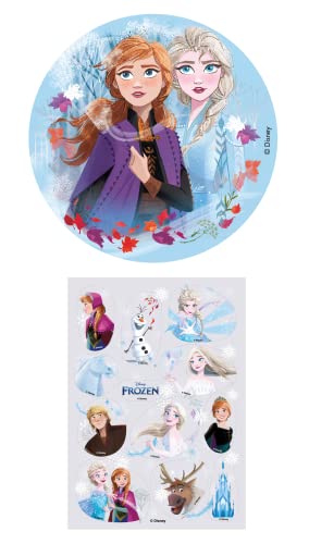 Dekozauber24 2er Set Frozen Essbarer Tortenaufleger 16cm + 12x Muffinaufleger, Tortendeko Kindergeburtstag Tortenbild Elsa Anna von Dekozauber24