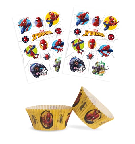 Dekozauber24 Spiderman Set 24x Essbare Muffinaufleger + 25x Muffinschalen, essbare Tortendeko für den Kindergeburtstag, Deko Muffin Cupcakeförmchen von Dekozauber24