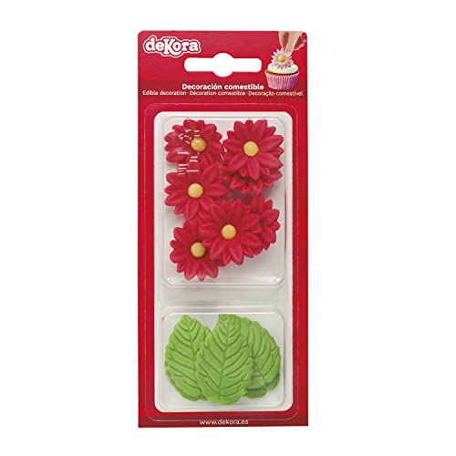 Dekozauber24 Essbare Blumen für die Torte, rote Zuckerblumen, vegetarisch, 7 Blüten, mit 5 Blättern, essbare rote Tortendeko für Muffins, Cupcakes, Torten und mehr von Dekozauber24