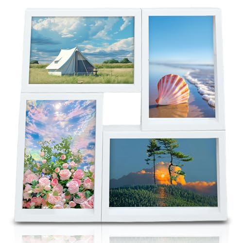 4 Fotos Collagerahmen Bilderrahmen, Bilderrahmen 4 Fotogröße 15 x 10 cm Weiß Aufsteller Fotogalerie, Mehrfachbilderrahmen aus Holz Eiche, Fotorahmen Bildergalerie, Fotorahmen Collage Tischdeko von Delamiya