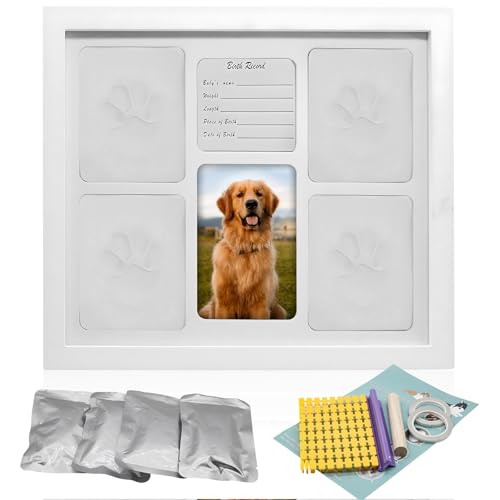 Delgeo Pfotenabdruck-Set Hunde und Katzen, Holz-Bilderrahmen, 3D-Fotorahmen, Wanddekoration, Tier-Handabdruck-Set (Eins-Weiß) von Delgeo