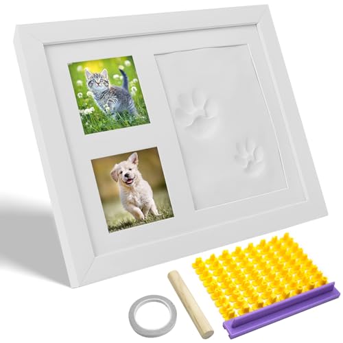 Delgeo Pfotenabdruck-Set Hunde und Katzen, Holz-Bilderrahmen, 3D-Fotorahmen, Wanddekoration, Tier-Handabdruck-Set (Eins-Weiß) von Delgeo