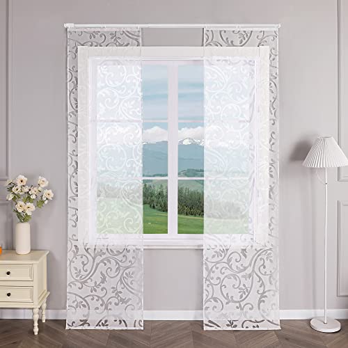 Delien 2er Set Schiebevorhänge Ausbrenner mit Ranken Muster Transparente Gardinen Modern Schiebe Flächenvorhänge Wohnzimmer Vorhang Fenster Gardinen Schals mit Klettband BxH 57x225cm,Weiß von Delien