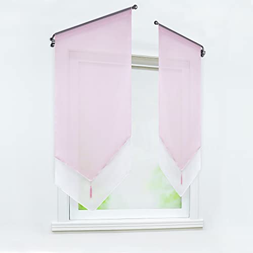 Delien Scheibengardine Modern Kurzstores Voile Türgardine Bistrogardinen Zweifarbig Gardinen Doppelschicht Kurzgardinen mit Quaste Vorhang Kurz mit Tunnelzug BxH 80x150cm,Rosa von Delien