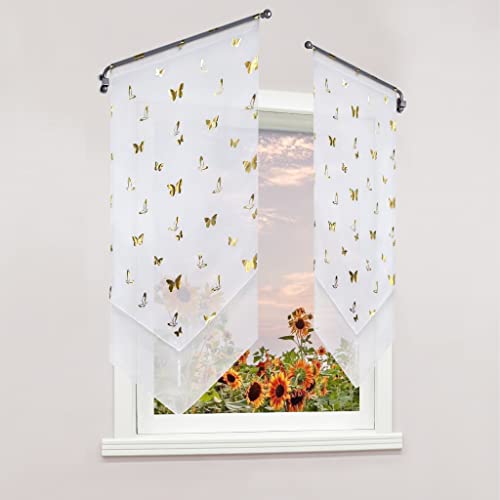 Delien Scheibengardinen 1 stück Voile Bistrogardinen Transparente Gardinen Doppelschicht Kurzgardinen mit Quaste »Schmetterling« Kurzstores Kurzvorhang mit Durchstangenzug BxH 80x150cm,Gold von Delien