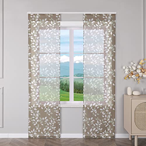 Delien Schiebevorhänge 2er Set Transparente Schiebegardinen Modern Flächenvorhänge Wohnzimmer »Blätter« Vorhang mit Blattmuster Fenster Gardinen Schals mit Klettband BxH 57x175cm,Braun von Delien