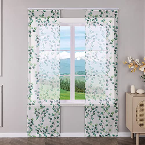 Delien Schiebevorhänge 2er Set Transparente Schiebegardinen Modern Flächenvorhänge Wohnzimmer »Blätter« Vorhang mit Blattmuster Fenster Gardinen Schals mit Klettband BxH 57x225cm,Grün von Delien