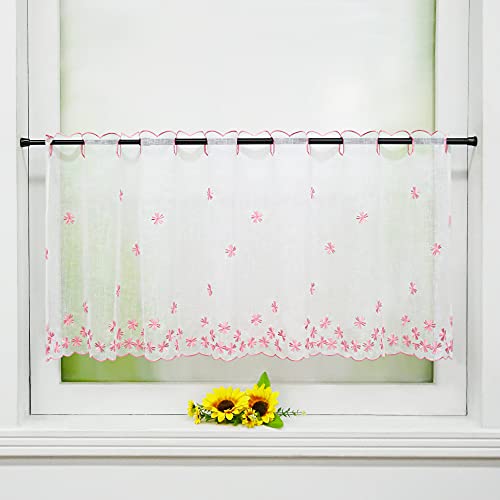 Delien Voile Scheibengardinen Kurzgardinen Stickerei Bistrogardine »Fallende Blumen« Transparente Kurzstores Durchstangenzug Kurzvorhang mit Blumenmuster für Küche 1 Stück BxH 120x30cm,Rosa von Delien