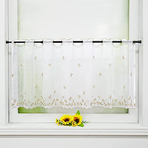 Delien Voile Scheibengardinen Kurzgardinen Stickerei Bistrogardine »Fallende Blumen« Transparente Kurzstores Durchstangenzug Kurzvorhang mit Blumenmuster für Küche 1 Stück BxH 120x30cm,Sand von Delien