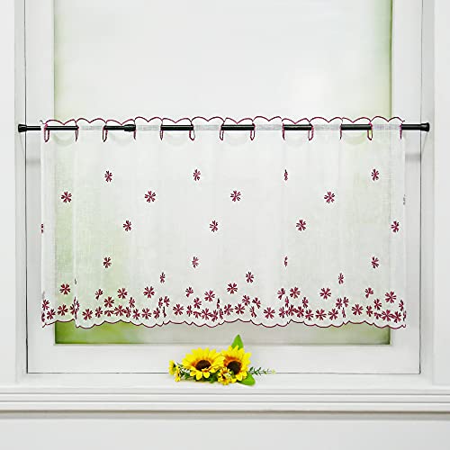 Delien Voile Scheibengardinen Kurzgardinen Stickerei Bistrogardine »Fallende Blumen« Transparente Kurzstores Durchstangenzug Kurzvorhang mit Blumenmuster für Küche 1 Stück BxH 90x45cm,Violett von Delien