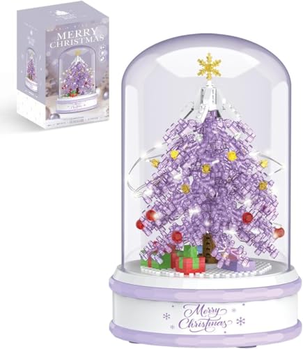 DelightCube Weihnachtsbaum DIY Bausteine Spieluhr Mit Staubdichter Kuppel,Weihnachten Spieluhr Bausteine Bausatz, 276 Klemmbausteine Drehbare Weihnachtsbaum Modellbausatz (Purple) von DelightCube