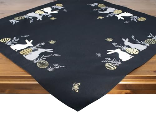 Tischdecke mit Osterhasen und Eiern, Motiv, Mitteldecke, Stickerei zu Ostern, Schwarz-Gold, Modern, 85x85 cm von Delindo Lifestyle