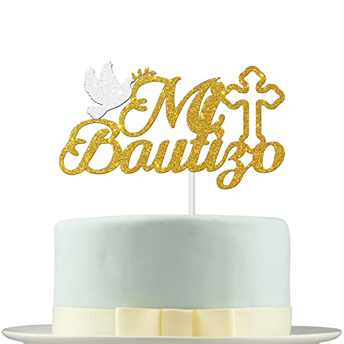 Deloklte Mi Bautizo Cake Topper - Erstkommunion Tortenaufsatz für Babyparty - Spanische Meine Taufe Kuchen Dekor, Gott Segen Sie dieses Kind Taufdeko für Jungen Mädchen, Gold von Deloklte