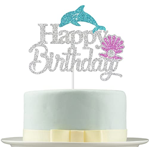 Deloklte Silberfarbener Glitzer Happy Birthday Kuchenaufsatz – Unter dem Meer Thema Party Dekorationen Babyparty 1. 2. Dekoration Delfin Schild Supplies (DHB-S) von Deloklte