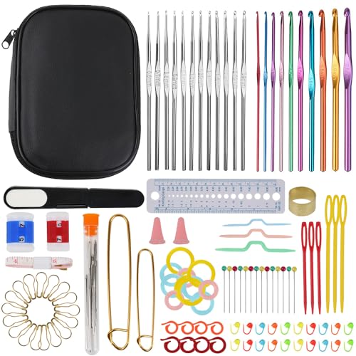 127-Teiliges Häkelnadel Set,Aluminium Bunte Ergonomische Häkelnadeln Set für Anfänger Crochet Hook Set mit Aufbewahrungsbox,Stumpfe Nadeln,Stichmarke,Zubehör für Anfänger Und Erfahrene Häkelliebhaber von Delsen