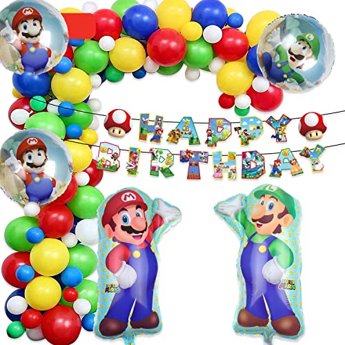 Deluisho Mario Ballon Super Mary Kindergeburtstag Party Deko Set Ziehfahne Latex Alufolie Ballon Kombination von Deluisho