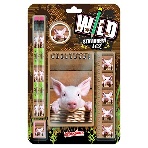 Wild Stationery Set - Deluxebase Schweinchen Diese lustigen Schulsachen Sets enthalten 2 Bleistifte, Radiergummi, Spitzer, Lineal und Notizbuch, Schreibwaren-Set von Deluxebase