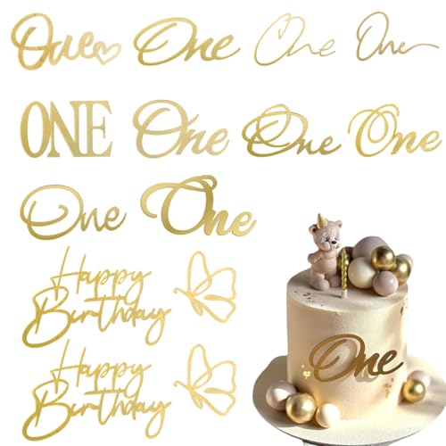 Demarsen 10 Stück Cake Topper 1 Geburtstag,One Tortendeko mit 2Pcs Happy Birthday Deko,Kuchen Deko Gold Acryl Tortenaufleger für Baby Junge Mädchen Party Jubiläumsfeief von Demarsen