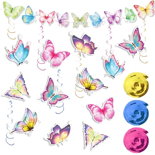 Demarsen 21 Pcs Schmetterlinge Hängende Wirbel,Bunte Schmetterling Geburtsta Deko mit 2Pcs Haken,Frühling Party Papier Dekoration für Geburtstag Hochzeit Garten Themen Party von Demarsen