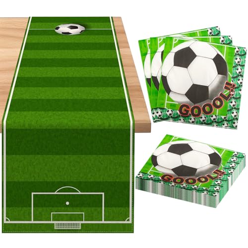 Demarsen Fussball Tischdecke,Fußball Partygeschirr Set 21 Stück Fußball Kinder Geburtstagsdekoration Fußball Party Tischtuch mit Fußball Servietten für Jungen Geburtstag Fußball Party Zubehör von Demarsen