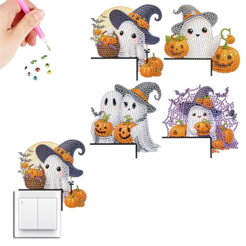 4 Stück Acryl Diamond Painting Weihnachten Halloween Sticker Set, 5D DIY Diamant Painting Sticker Aufkleber Schalter Steckdose Wandsticker, Weihnachtsdeko Halloween Deko (B) von Demiawaking