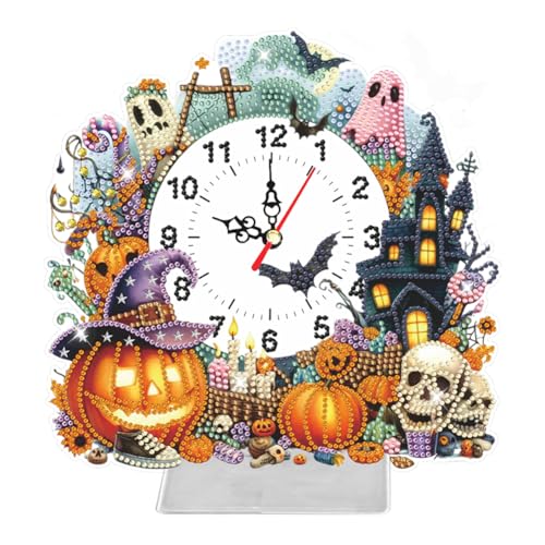 5D DIY Diamond Painting Uhr Tischdeko Halloween Set, Diamant Malerei Uhr Halloween Deko Ornament, Diamant Painting Malen nach Zahlen Erwachsene Geschenk (F) von Demiawaking