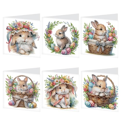 6Pcs DIY 5D Diamond Painting Grußkarte Osterdeko, Diamant Malerei Ostern Karten Geburtstag Karte Osterhase Geschenkkarte mit Umschlag Geburtstagskarte (Q) von Demiawaking