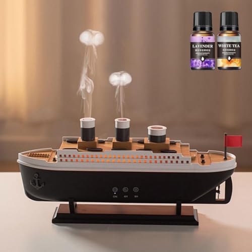 Aroma Diffuser mit LED Schiff, Humidifier Luftbefeuchter Luftdiffusor Duftöle für Ätherische Öle, Aroma Öl Diffuser 7 Farben Licht, Fernbedienung, Wasserlose Abschaltautomatik (Mit 2 Ätherische Öle) von Demiawaking