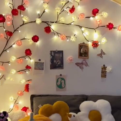 LED Rose Zweige Lichter, Rose LED Wand, LED Rose Vine Wand Deko, Warmweiss Lichterkette Wanddeko mit Fernbedienung für Schlafzimmer Deko Weinachtsdeko (Rose, 144LEDs, 2.3Meter) von Demiawaking