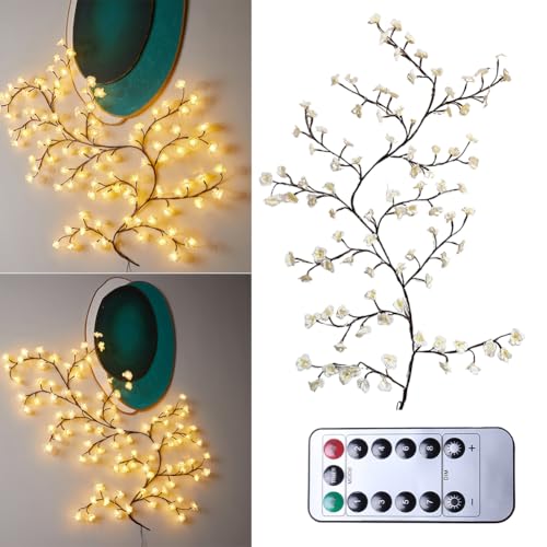 LED Kirschblüten Zweige Lichter, Kirschblüten LED Wand, Sakura Vine Wand Deko, Warmweiss Rattan Lichterkette Wanddeko mit Fernbedienung für Schlafzimmer Deko Weinachtsdeko (Creme, 144LEDs, 2.3Meter) von Demiawaking