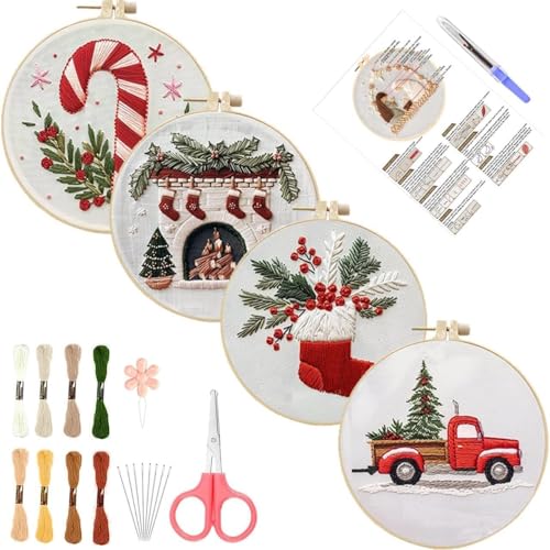 Stickerei Set Anfänger, Stickerei Kits Weihnachten Weihnachtsdeko, Kreuzstich Anfänger Set, Kreuzstich Starter Kit mit Muster, Stickrahmen, Farbfäden und Werkzeuge, DIY Kunst Handwerk Nähen (4Pcs 02) von Demiawaking