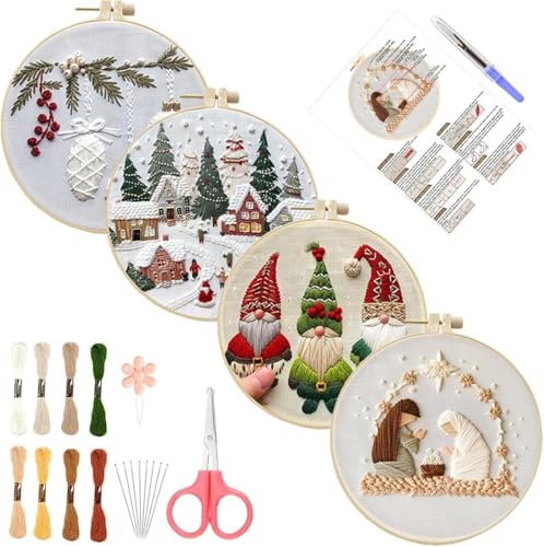 Stickerei Set Anfänger, Stickerei Kits Weihnachten Weihnachtsdeko, Kreuzstich Anfänger Set, Kreuzstich Starter Kit mit Muster, Stickrahmen, Farbfäden und Werkzeuge, DIY Kunst Handwerk Nähen (4Pcs 01) von Demiawaking