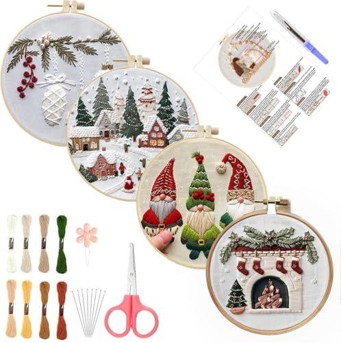 Stickerei Set Anfänger, Stickerei Kits Weihnachten Weihnachtsdeko, Kreuzstich Anfänger Set, Kreuzstich Starter Kit mit Muster, Stickrahmen, Farbfäden und Werkzeuge, DIY Kunst Handwerk Nähen (4Pcs 03) von Demiawaking